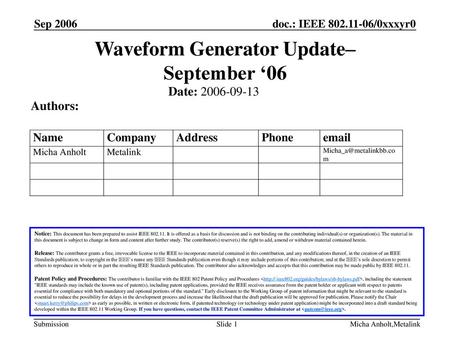 Waveform Generator Update– September ‘06