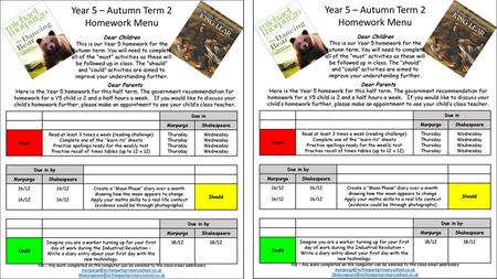 Year 5 – Autumn Term 2 Year 5 – Autumn Term 2 Homework Menu