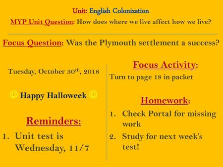 Reminders: Unit: English Colonization Focus Activity: