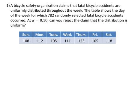 1)	A bicycle safety organization claims that fatal bicycle accidents are 	uniformly distributed throughout the week. The table shows the day 	of the week.