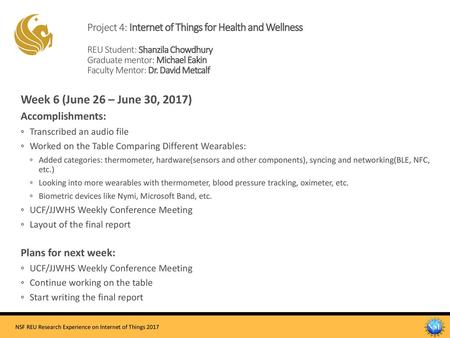 Project 4: Internet of Things for Health and Wellness REU Student: Shanzila Chowdhury Graduate mentor: Michael Eakin Faculty Mentor: Dr. David Metcalf.