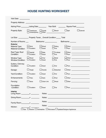 HOUSE HUNTING WORKSHEET