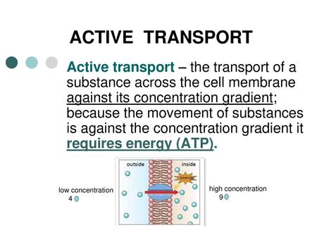 ACTIVE TRANSPORT Active transport – the transport of a substance across the cell membrane against its concentration gradient; because the movement of.