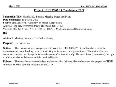 Project: IEEE P Coexistence TAG