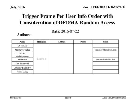 July, 2016 Trigger Frame Per User Info Order with Consideration of OFDMA Random Access Date: 2016-07-22 Authors: Name Affiliation Address Phone Email Zhou.