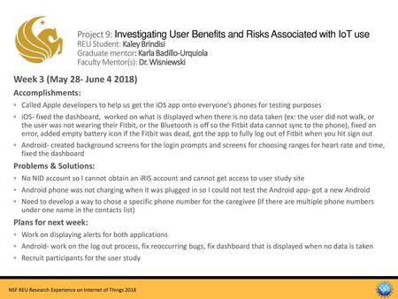 Project 9: Investigating User Benefits and Risks Associated with IoT use REU Student: Kaley Brindisi Graduate mentor: Karla Badillo-Urquiola Faculty.