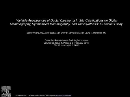 Variable Appearances of Ductal Carcinoma In Situ Calcifications on Digital Mammography, Synthesized Mammography, and Tomosynthesis: A Pictorial Essay 