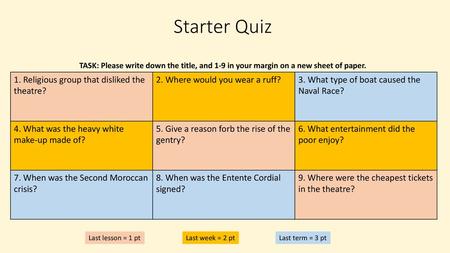 Starter Quiz 1. Religious group that disliked the theatre?