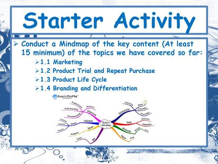 Starter Activity Conduct a Mindmap of the key content (At least 15 minimum) of the topics we have covered so far: 1.1 Marketing 1.2 Product Trial and Repeat.