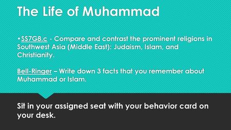 Sit in your assigned seat with your behavior card on your desk.