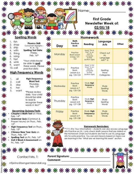 First Grade Newsletter Week of: 02/05/18 Homework