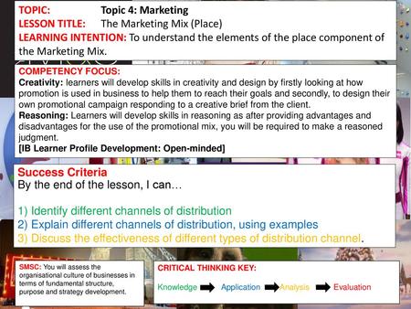 TOPIC: Topic 4: Marketing LESSON TITLE: The Marketing Mix (Place)