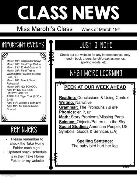 Miss Marohl’s Class Week of March 19th