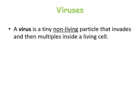 Viruses A virus is a tiny non-living particle that invades and then multiples inside a living cell.