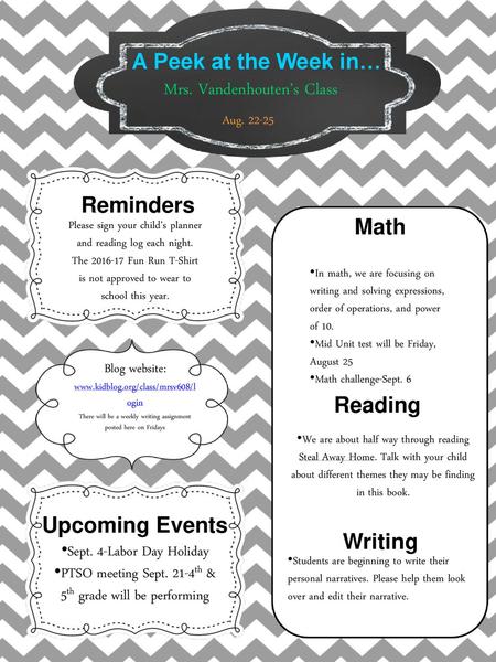 A Peek at the Week in… Reminders Math Reading Upcoming Events Writing