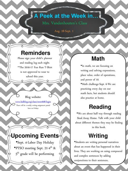 A Peek at the Week in… Reminders Math Reading Upcoming Events Writing