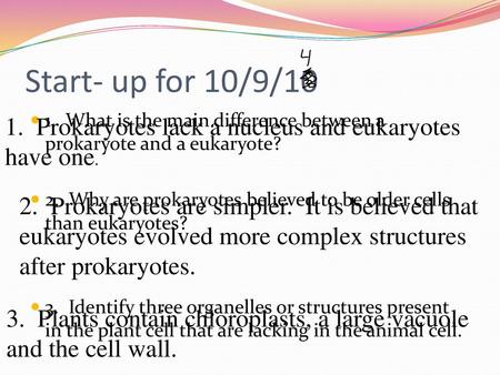 Start- up for 10/9/10 1. Prokaryotes lack a nucleus and eukaryotes have one. 1. What is the main difference between a prokaryote and a eukaryote? 2.