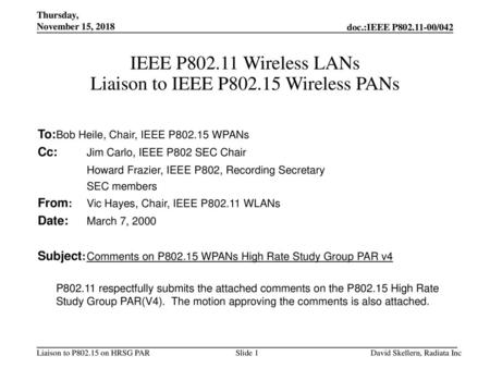 IEEE P Wireless LANs Liaison to IEEE P Wireless PANs