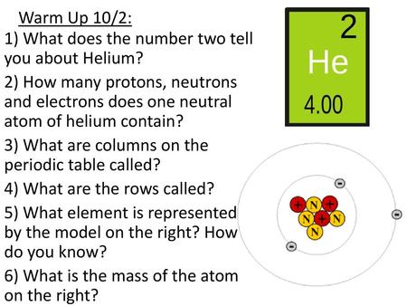 Warm Up 10/2: 1) What does the number two tell you about Helium?