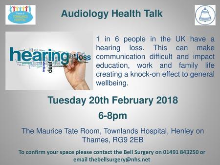 Email thebellsurgery@nhs.net Audiology Health Talk 1 in 6 people in the UK have a hearing loss. This can make communication difficult and impact education,