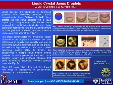 Liquid Crystal Janus Droplets D. Lee, P. Collings, & A. G. Yodh (IRG-1) Janus colloids are composed of two-faced particles with distinctive surfaces and/or.