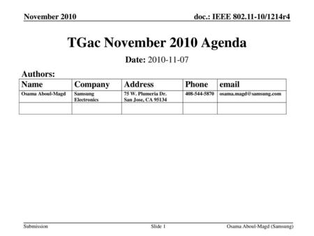 TGac November 2010 Agenda Date: Authors: November 2010