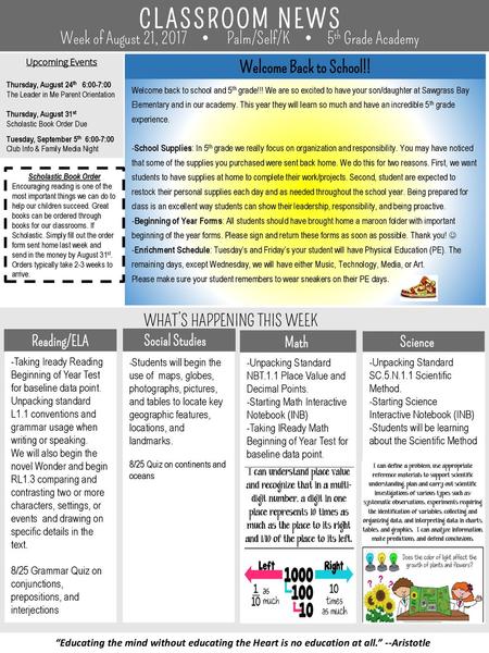 CLASSROOM NEWS Week of August 21,       Palm/Self/K          5th Grade Academy