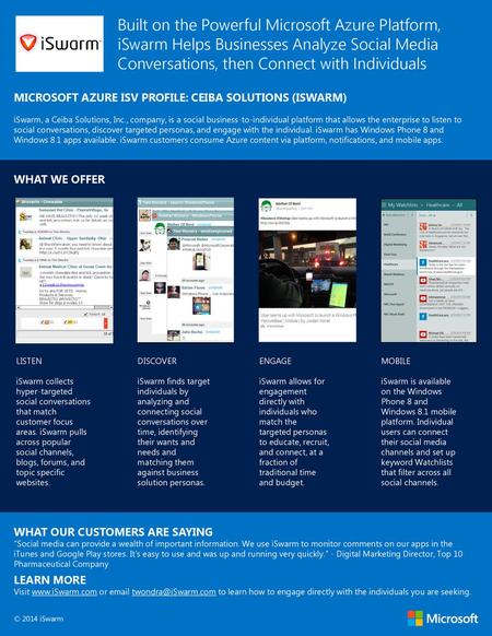 Built on the Powerful Microsoft Azure Platform, iSwarm Helps Businesses Analyze Social Media Conversations, then Connect with Individuals MICROSOFT AZURE.