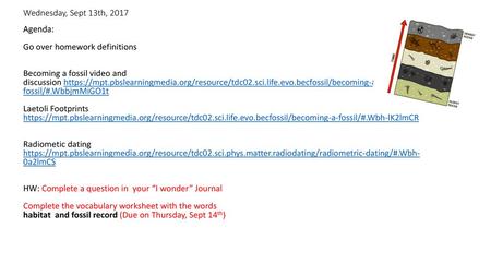 Wednesday, Sept 13th, 2017 Agenda: Go over homework definitions Becoming a fossil video and discussion https://mpt.pbslearningmedia.org/resource/tdc02.sci.life.evo.becfossil/becoming-a-fossil/#.WbbjmMiGO1t.