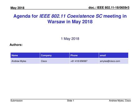 Agenda for IEEE Coexistence SC meeting in Warsaw in May 2018