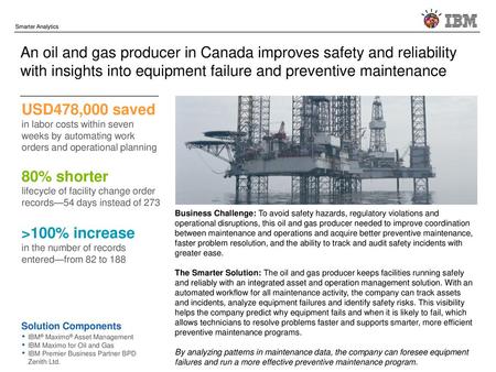 Smarter Analytics An oil and gas producer in Canada improves safety and reliability with insights into equipment failure and preventive maintenance USD478,000.