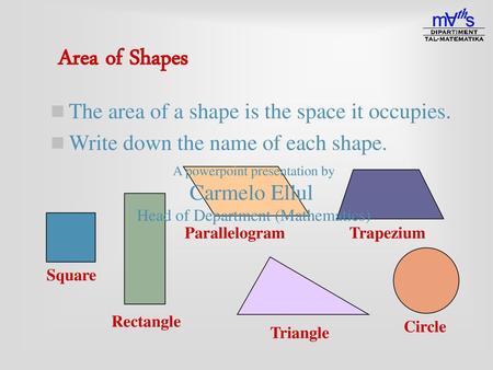 Area of Shapes The area of a shape is the space it occupies.