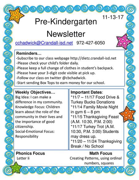 Pre-Kindergarten Newsletter