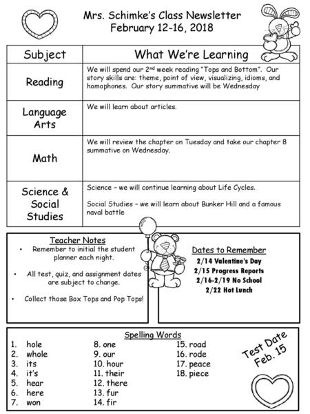 Subject What We’re Learning Mrs. Schimke’s Class Newsletter