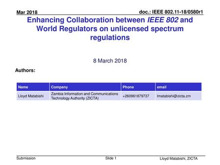 July 2010 doc.: IEEE 802.11-10/0xxxr0 Enhancing Collaboration between IEEE 802 and World Regulators on unlicensed spectrum regulations 8 March 2018 Authors: