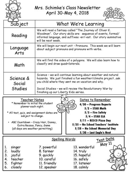 Subject What We’re Learning Mrs. Schimke’s Class Newsletter