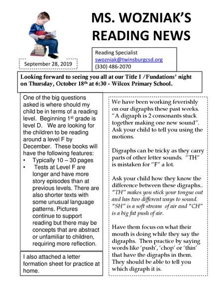 MS. WOZNIAK’S READING NEWS