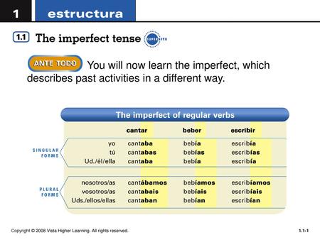 You will now learn the imperfect, which describes past activities in a different way. Copyright © 2008 Vista Higher Learning. All rights reserved.