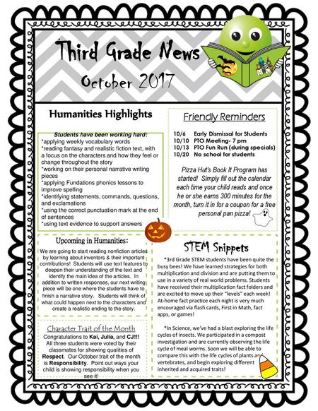 Third Grade News October 2017 STEM Snippets Humanities Highlights