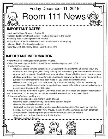 Room 111 News Friday December 11, 2015 Important dates: