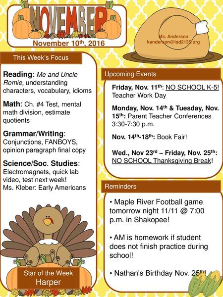 Ms. Anderson  November 10th, 2016 This Week’s Focus