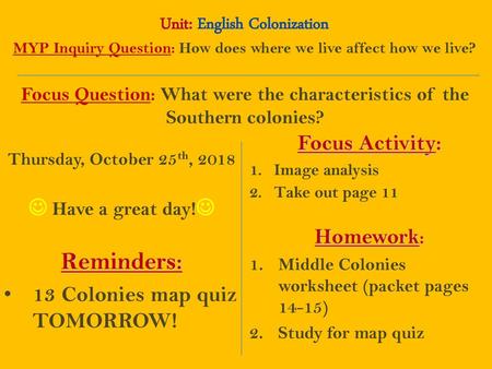 Reminders: Unit: English Colonization Focus Activity: