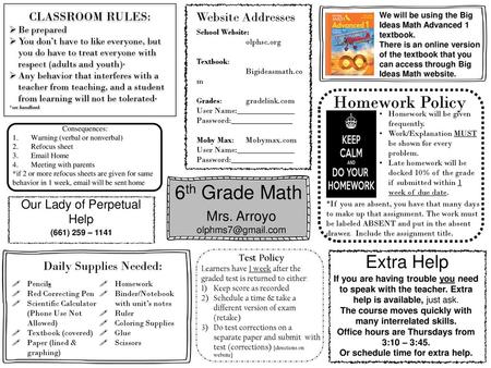 6th Grade Math Homework Policy Extra Help Mrs. Arroyo