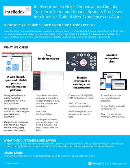 Intelledox Infiniti Helps Organizations Digitally Transform Paper and Manual Business Processes into Intuitive, Guided User Experiences on Azure MICROSOFT.