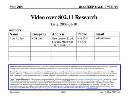 Video over Research Date: Authors: May 2007 May 2007