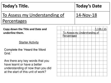 To Assess my Understanding of Percentages 14-Nov-18