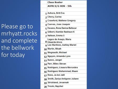 Please go to mrhyatt.rocks and complete the bellwork for today