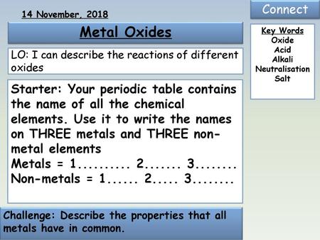 Connect 14 November, 2018 Metal Oxides Key Words Oxide Acid Alkali