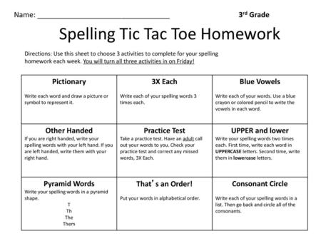 Spelling Tic Tac Toe Homework