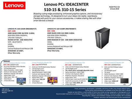 Lenovo PCs IDEACENTER & Series Retail Price List 12 June 2018